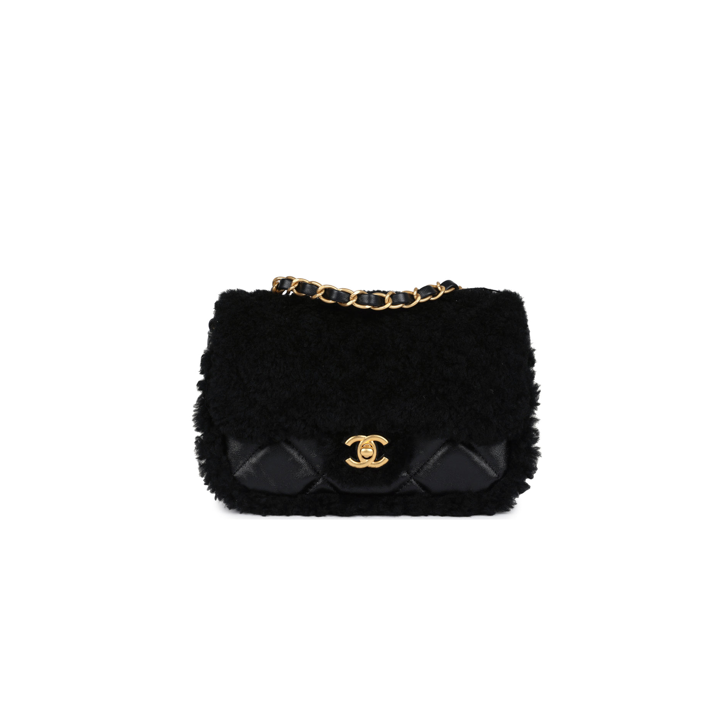 Ch*el mini shearling flap bag black lambskin brushed gold hardware as5148 (18*12*6cm)